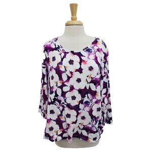 Croft & Barrow Floral Print Shirt Top Blouse Womens XL Purple 3/4 Sleeve Cotton